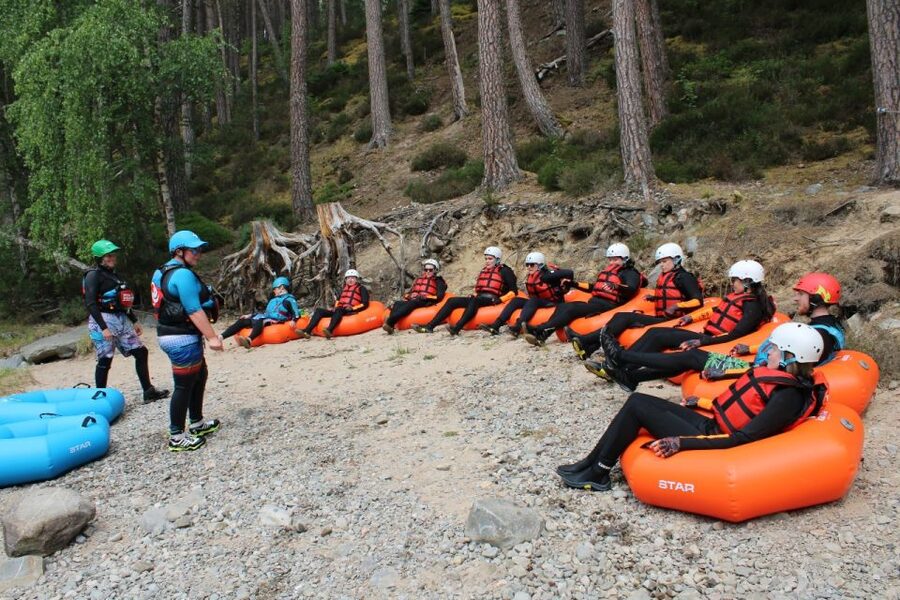 Aviemore, Cairngorms: RIVER TUBING - River Feshie - The safety briefing before the rapids