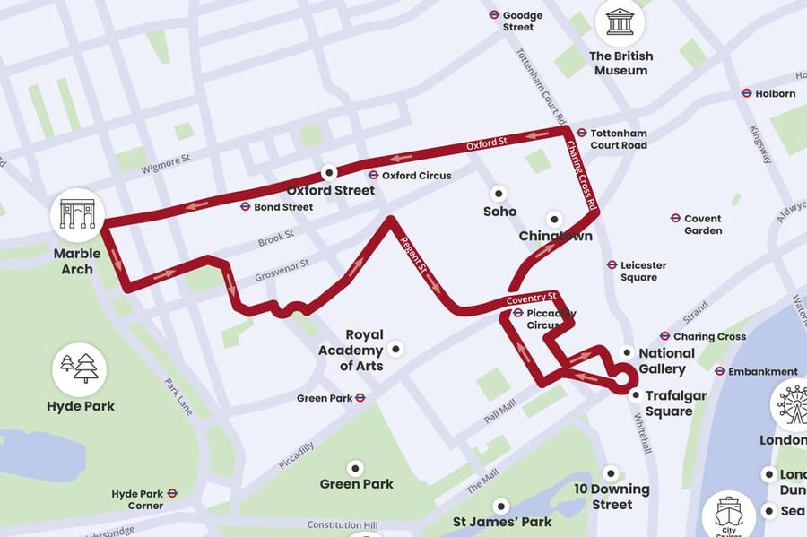 London: Tootbus Christmas Lights Tour incl walking tours - Regent Street supplies the big light display